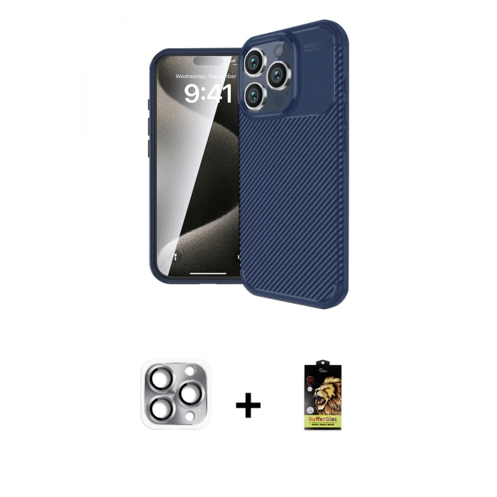 MARSİLYAN™- iPhone 16 Pro Max Kılıf Eksen Form Prime - Siyah Buffer Cam Ekran Koruyucu + Pers Alüminyum Kamera Lens - GI