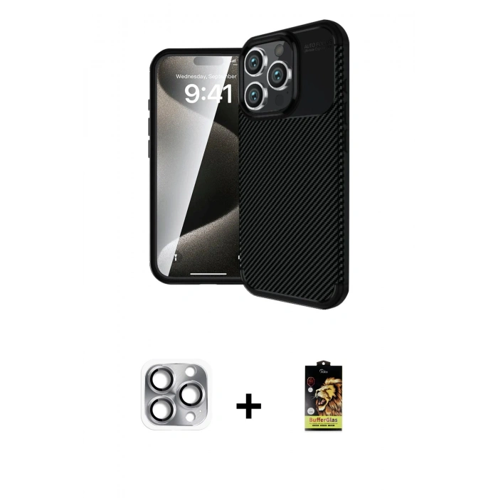 MARSİLYAN™- iPhone 16 Pro Max Kılıf Eksen Form Prime - Siyah Buffer Cam Ekran Koruyucu + Pers Alüminyum Kamera Lens - GI