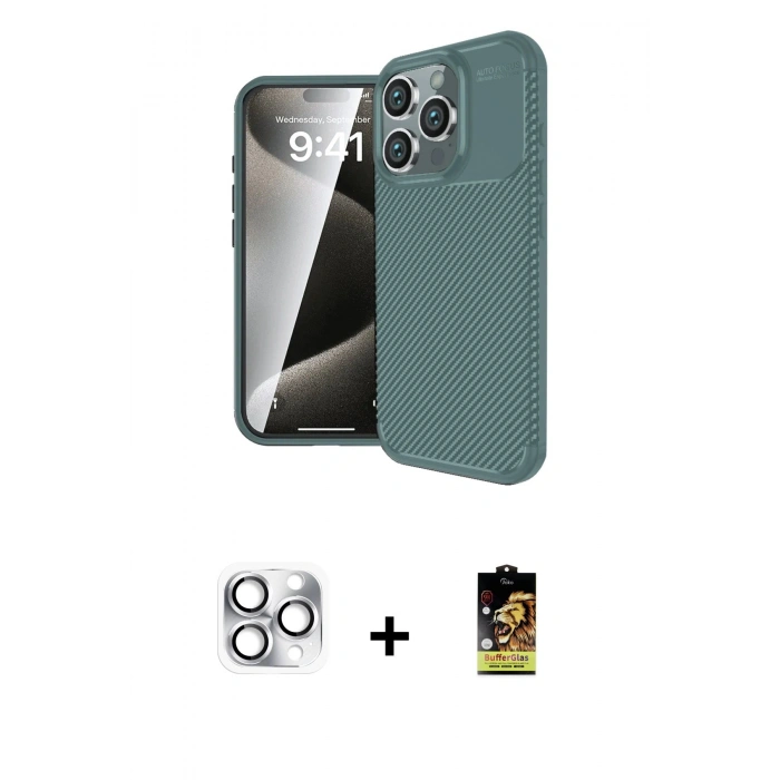 MARSİLYAN™- iPhone 16 Pro Max Kılıf Eksen Form Prime - Siyah Buffer Cam Ekran Koruyucu + Gümüş Pers Alüminyum Kamera Lens