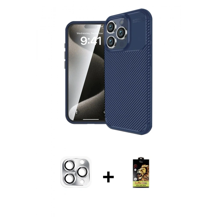 MARSİLYAN™- iPhone 16 Pro Max Kılıf Eksen Form Prime - Siyah Buffer Cam Ekran Koruyucu + Gümüş Pers Alüminyum Kamera Lens