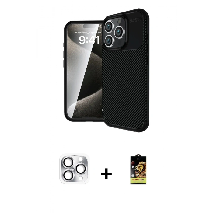 MARSİLYAN™- iPhone 16 Pro Max Kılıf Eksen Form Prime - Siyah Buffer Cam Ekran Koruyucu + Gümüş Pers Alüminyum Kamera Lens