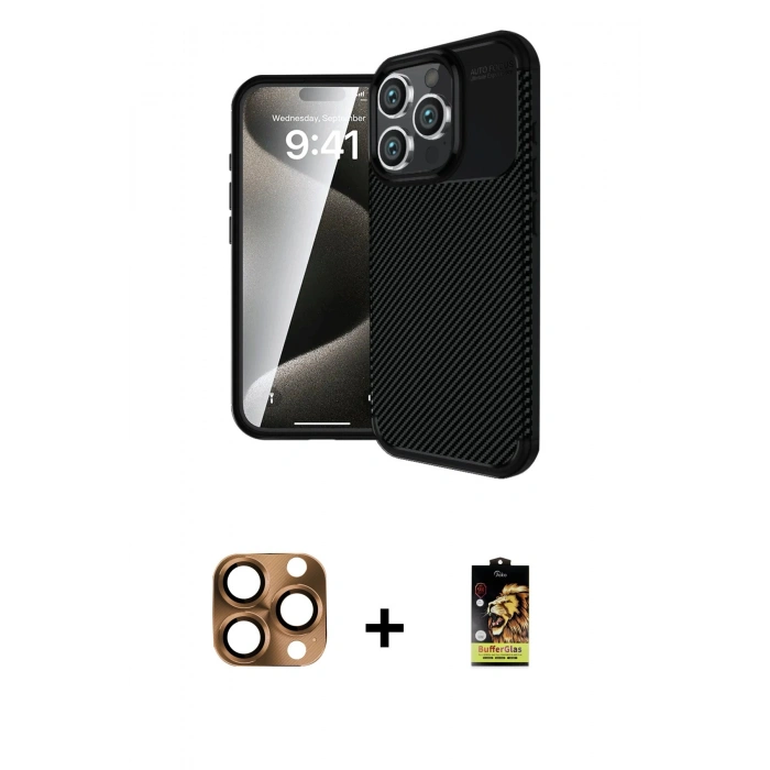 MARSİLYAN™- iPhone 16 Pro Max Kılıf Eksen Form Prime - Siyah Buffer Cam Ekran Koruyucu + Pers Alüminyum Kamera Lens - CLTM
