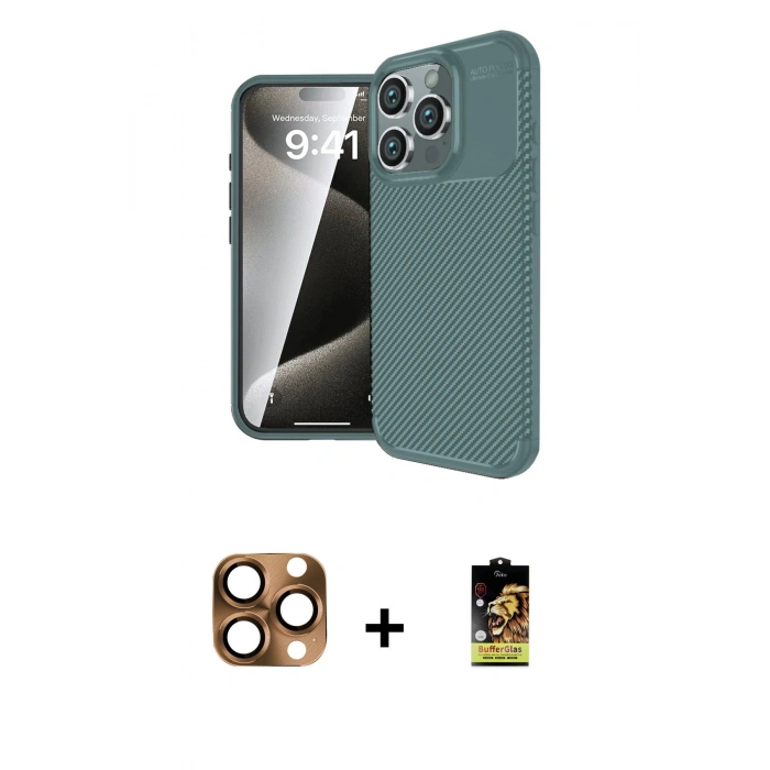 MARSİLYAN™- iPhone 16 Pro Max Kılıf Eksen Form Prime - Siyah Buffer Cam Ekran Koruyucu + Pers Alüminyum Kamera Lens - CLTM