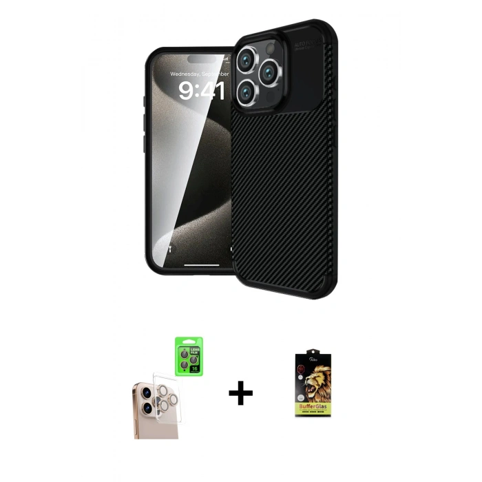 MARSİLYAN™- iPhone 16 Pro Max Kılıf Eksen Form Prime - Siyah Buffer Cam Ekran Koruyucu + Raze Metal Kamera Lens - NLGY