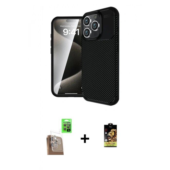 MARSİLYAN™- iPhone 16 Pro Max Kılıf Eksen Form Prime - Siyah Buffer Cam Ekran Koruyucu + Raze Metal Kamera Lens - CLTM