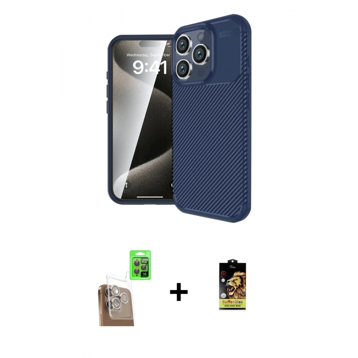 MARSİLYAN™- iPhone 16 Pro Max Kılıf Eksen Form Prime - Siyah Buffer Cam Ekran Koruyucu + Raze Metal Kamera Lens - CLTM