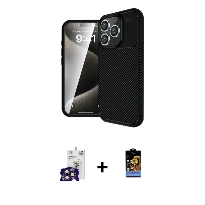 MARSİLYAN™- iPhone 16 Pro Max Kılıf Eksen Form Prime - Siyah Buffer Hayalet Cam Ekran Koruyucu + Bilvis Titan Kamera Lens - TMGI