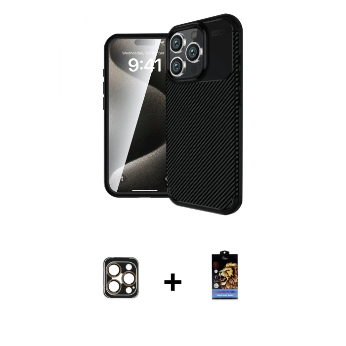 MARSİLYAN™- iPhone 16 Pro Max Kılıf Eksen Form Prime - Siyah Buffer Hayalet Cam Ekran Koruyucu + PVD Metal Kamera Lens - GD
