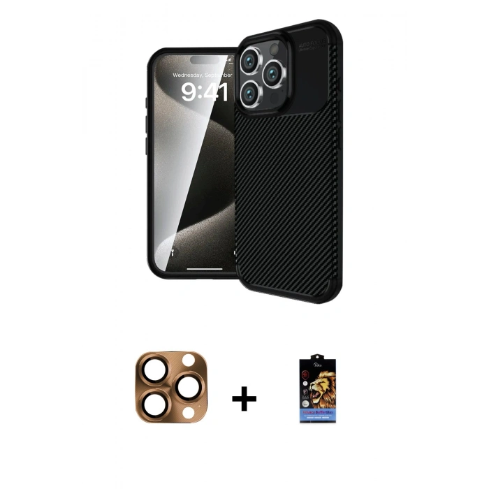 MARSİLYAN™- iPhone 16 Pro Max Kılıf Eksen Form Prime - Siyah Buffer Hayalet Cam Ekran Koruyucu + Pers Alüminyum Kamera Lens - CLTM