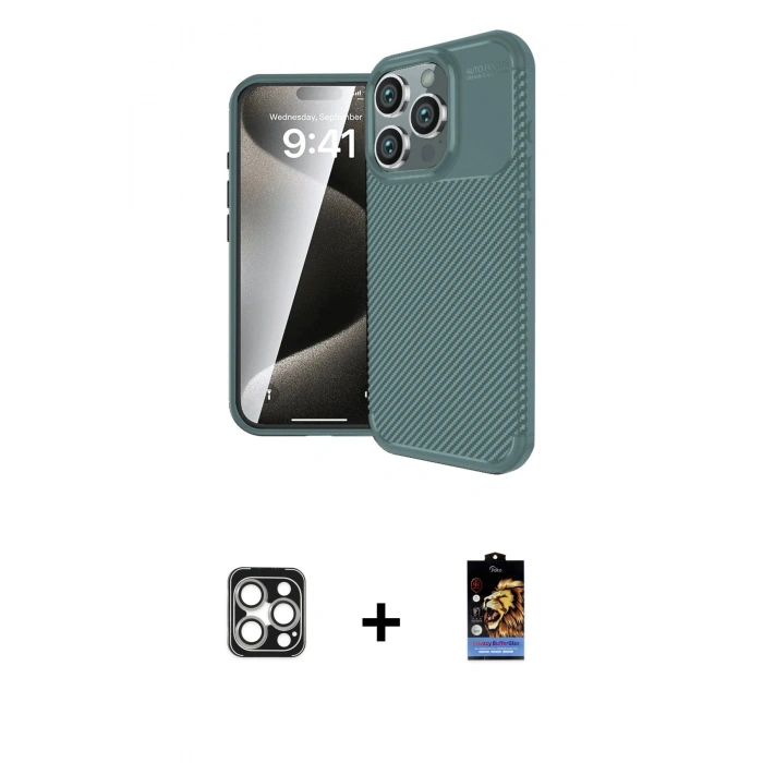 MARSİLYAN™- iPhone 16 Pro Max Kılıf Eksen Form Prime - Siyah Buffer Hayalet Cam Ekran Koruyucu + PVD Metal Kamera Lens - GS