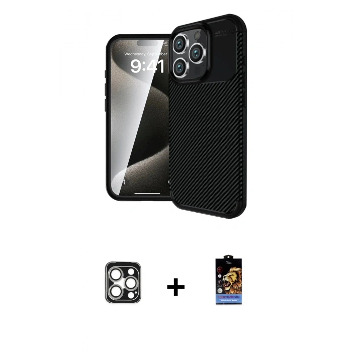 MARSİLYAN™- iPhone 16 Pro Max Kılıf Eksen Form Prime - Siyah Buffer Hayalet Cam Ekran Koruyucu + PVD Metal Kamera Lens - GS