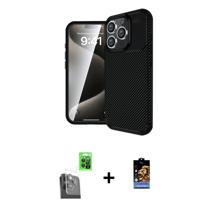 MARSİLYAN™- iPhone 16 Pro Max Kılıf Eksen Form Prime - Siyah Buffer Hayalet Cam Ekran Koruyucu + Raze Metal Kamera Lens - SH