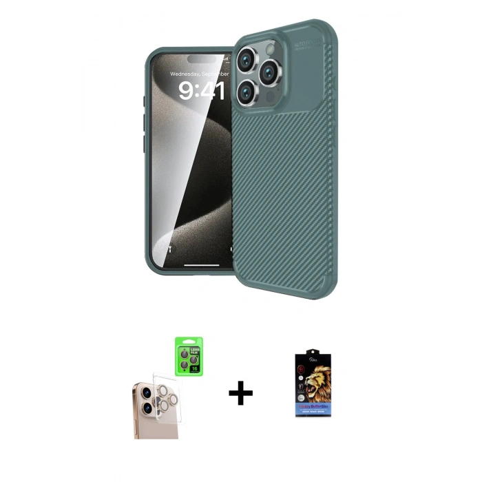 MARSİLYAN™- iPhone 16 Pro Max Kılıf Eksen Form Prime - Siyah Buffer Hayalet Cam Ekran Koruyucu + Raze Metal Kamera Lens - NLGY