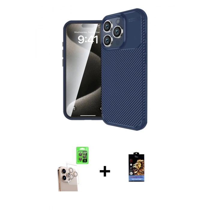 MARSİLYAN™- iPhone 16 Pro Max Kılıf Eksen Form Prime - Siyah Buffer Hayalet Cam Ekran Koruyucu + Raze Metal Kamera Lens - NLGY