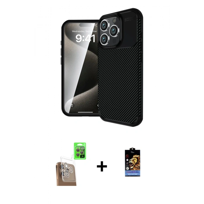 MARSİLYAN™- iPhone 16 Pro Max Kılıf Eksen Form Prime - Siyah Buffer Hayalet Cam Ekran Koruyucu + Raze Metal Kamera Lens - CLTM