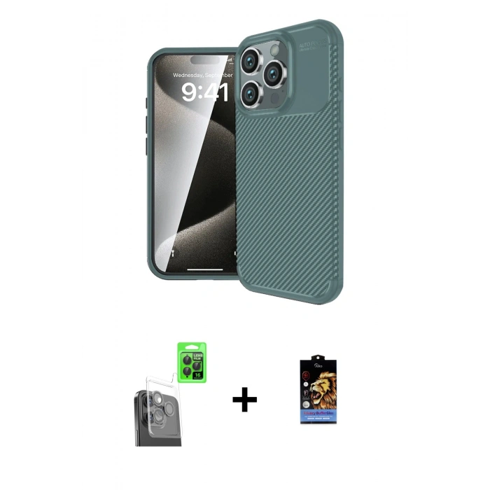 MARSİLYAN™- iPhone 16 Pro Max Kılıf Eksen Form Prime - Siyah Buffer Hayalet Cam Ekran Koruyucu + Raze Metal Kamera Lens - SH