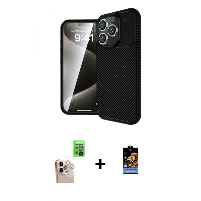 MARSİLYAN™- iPhone 16 Pro Max Kılıf Eksen Form Prime - Siyah Buffer Hayalet Cam Ekran Koruyucu + Raze Metal Kamera Lens - NLGY
