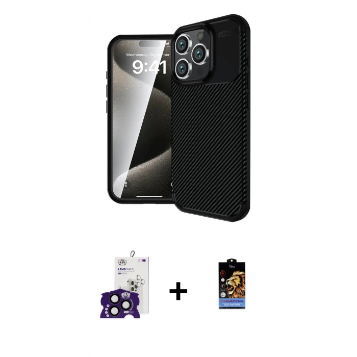 MARSİLYAN™- iPhone 16 Pro Max Kılıf Eksen Form Prime - Siyah Buffer Hayalet Cam Ekran Koruyucu + Bilvis Titan Kamera Lens - SH