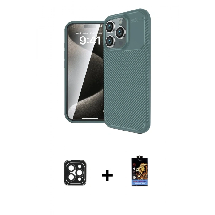 MARSİLYAN™- iPhone 16 Pro Max Kılıf Eksen Form Prime - Siyah Buffer Hayalet Cam Ekran Koruyucu + PVD Metal Kamera Lens - SH