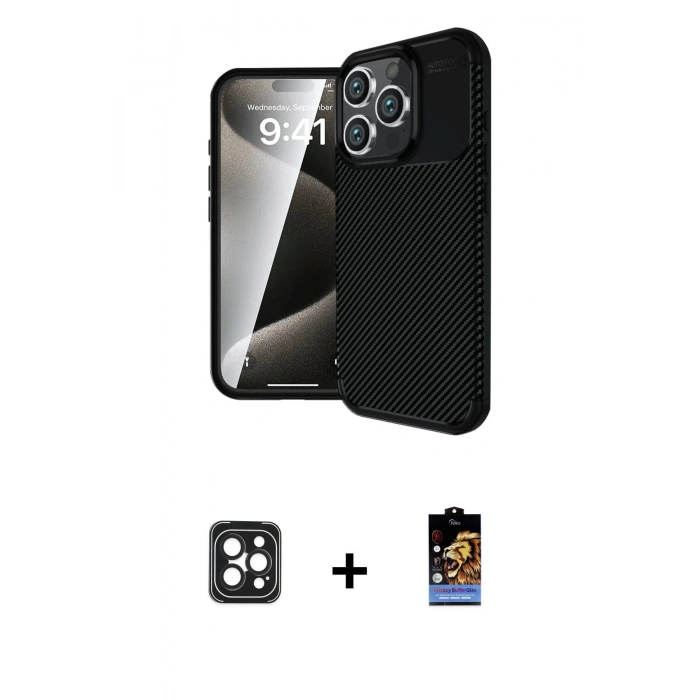 MARSİLYAN™- iPhone 16 Pro Max Kılıf Eksen Form Prime - Siyah Buffer Hayalet Cam Ekran Koruyucu + PVD Metal Kamera Lens - SH