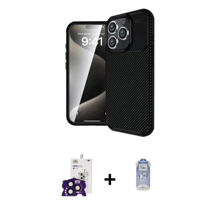 MARSİLYAN™- iPhone 16 Pro Max Kılıf Eksen Form Prime - Siyah Joko Magic 5D Cam + Bilvis Titan Kamera Lens - SH