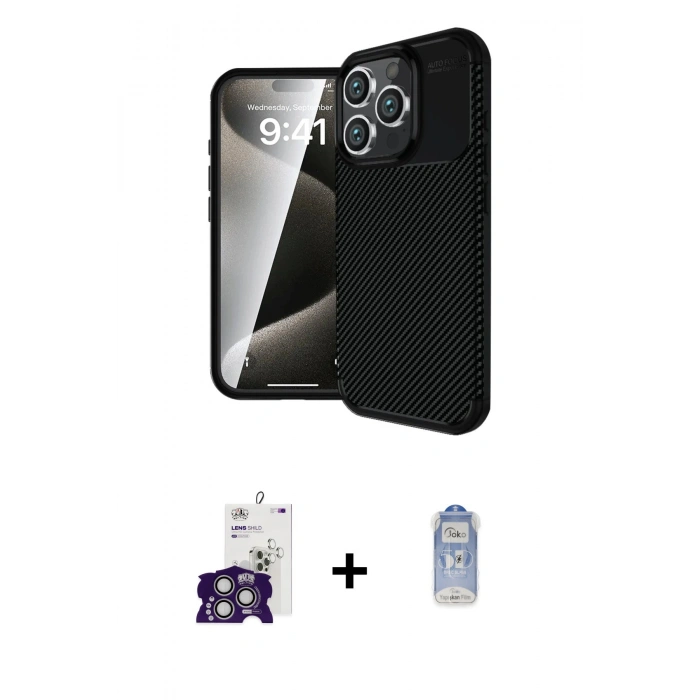 MARSİLYAN™- iPhone 16 Pro Max Kılıf Eksen Form Prime - Siyah Joko Magic 5D Cam + Bilvis Titan Kamera Lens - GS