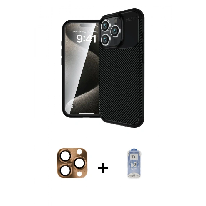 MARSİLYAN™- iPhone 16 Pro Max Kılıf Eksen Form Prime - Siyah Joko Magic 5D Cam + Çöl Titanyum Pers Alüminyum Kamera Lens