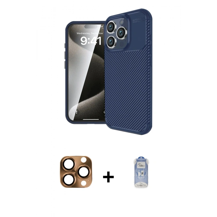 MARSİLYAN™- iPhone 16 Pro Max Kılıf Eksen Form Prime - Siyah Joko Magic 5D Cam + Çöl Titanyum Pers Alüminyum Kamera Lens