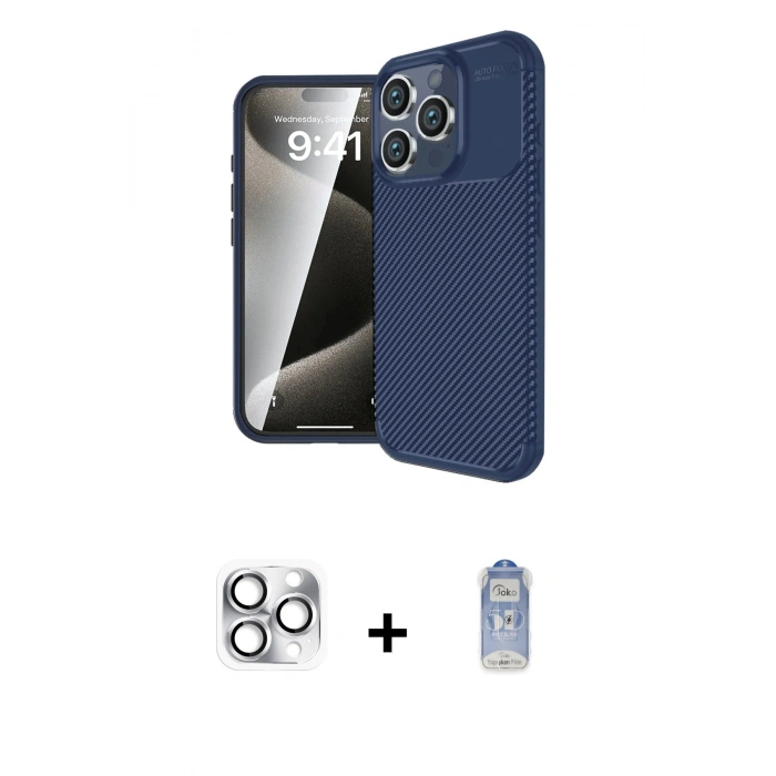 MARSİLYAN™- iPhone 16 Pro Max Kılıf Eksen Form Prime - Siyah Joko Magic 5D Cam + Gümüş Pers Alüminyum Kamera Lens