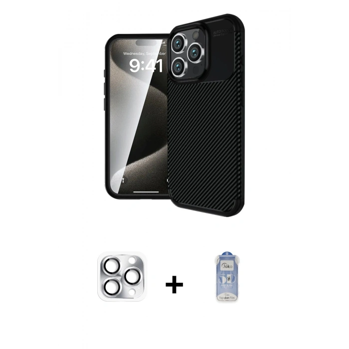 MARSİLYAN™- iPhone 16 Pro Max Kılıf Eksen Form Prime - Siyah Joko Magic 5D Cam + Gümüş Pers Alüminyum Kamera Lens