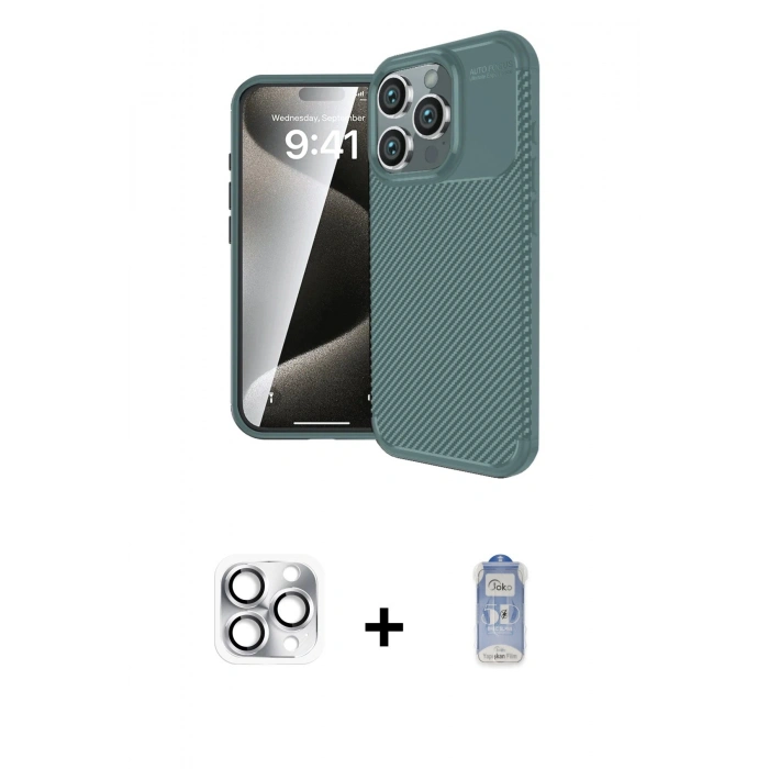 MARSİLYAN™- iPhone 16 Pro Max Kılıf Eksen Form Prime - Siyah Joko Magic 5D Cam + Gümüş Pers Alüminyum Kamera Lens