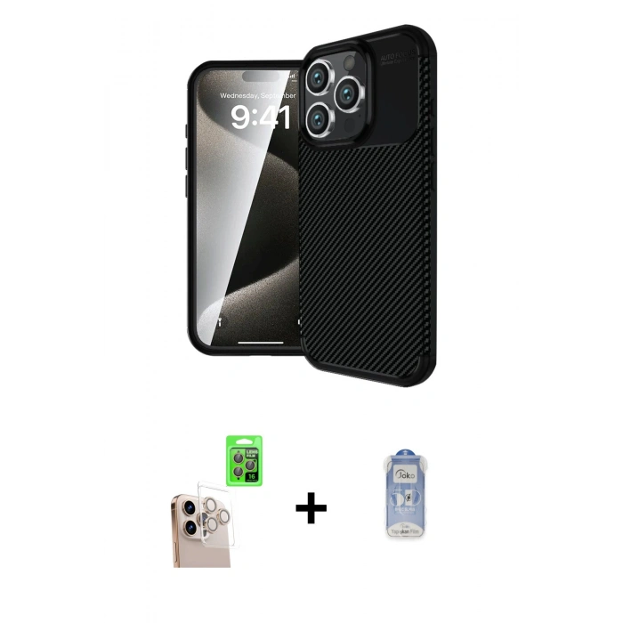 MARSİLYAN™- iPhone 16 Pro Max Kılıf Eksen Form Prime - Siyah Joko Magic 5D Cam + Raze Metal Kamera Lens - NLGY