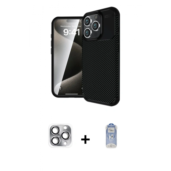 MARSİLYAN™- iPhone 16 Pro Max Kılıf Eksen Form Prime - Siyah Joko Magic 5D Cam + Pers Alüminyum Kamera Lens - GI