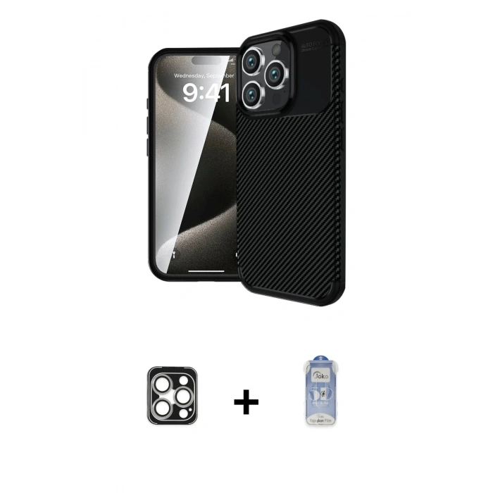 MARSİLYAN™- iPhone 16 Pro Max Kılıf Eksen Form Prime - Siyah Joko Magic 5D Cam + PVD Metal Kamera Lens - GS