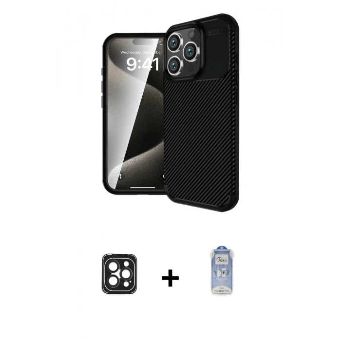 MARSİLYAN™- iPhone 16 Pro Max Kılıf Eksen Form Prime - Siyah Joko Magic 5D Cam + Siyah PVD Metal Kamera Lens