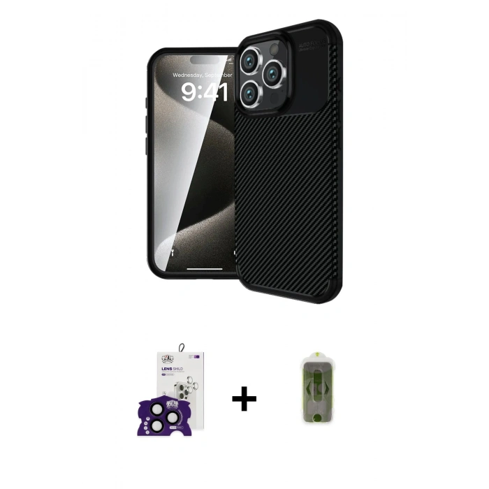 MARSİLYAN™- iPhone 16 Pro Max Kılıf Eksen Form Prime - Siyah Joko Magic 5D Hayalet Cam + Bilvis Titan Kamera Lens - SH