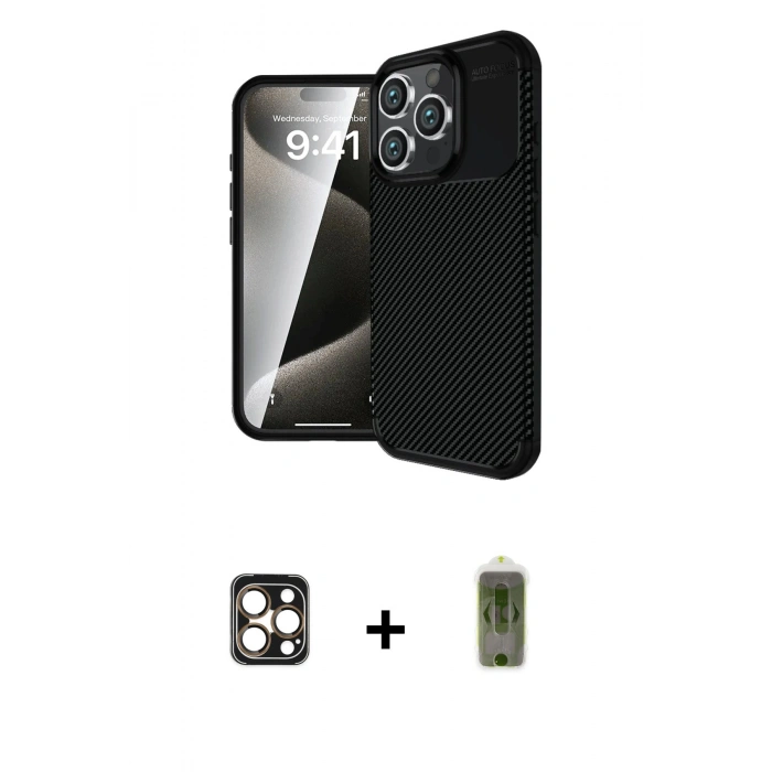 MARSİLYAN™- iPhone 16 Pro Max Kılıf Eksen Form Prime - Siyah Joko Magic 5D Hayalet Cam + PVD Metal Kamera Lens - GD