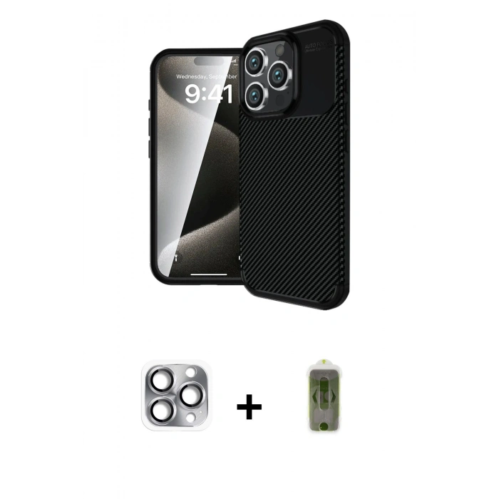 MARSİLYAN™- iPhone 16 Pro Max Kılıf Eksen Form Prime - Siyah Joko Magic 5D Hayalet Cam + Pers Alüminyum Kamera Lens - GI