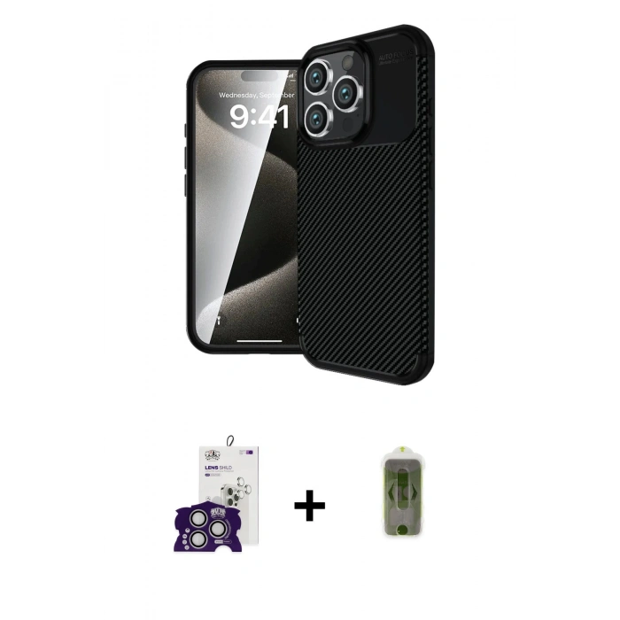 MARSİLYAN™- iPhone 16 Pro Max Kılıf Eksen Form Prime - Siyah Joko Magic 5D Hayalet Cam + Bilvis Titan Kamera Lens - GS
