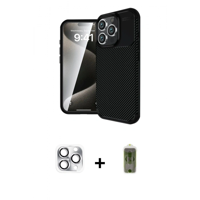 MARSİLYAN™- iPhone 16 Pro Max Kılıf Eksen Form Prime - Siyah Joko Magic 5D Hayalet Cam + Pers Alüminyum Kamera Lens - GS