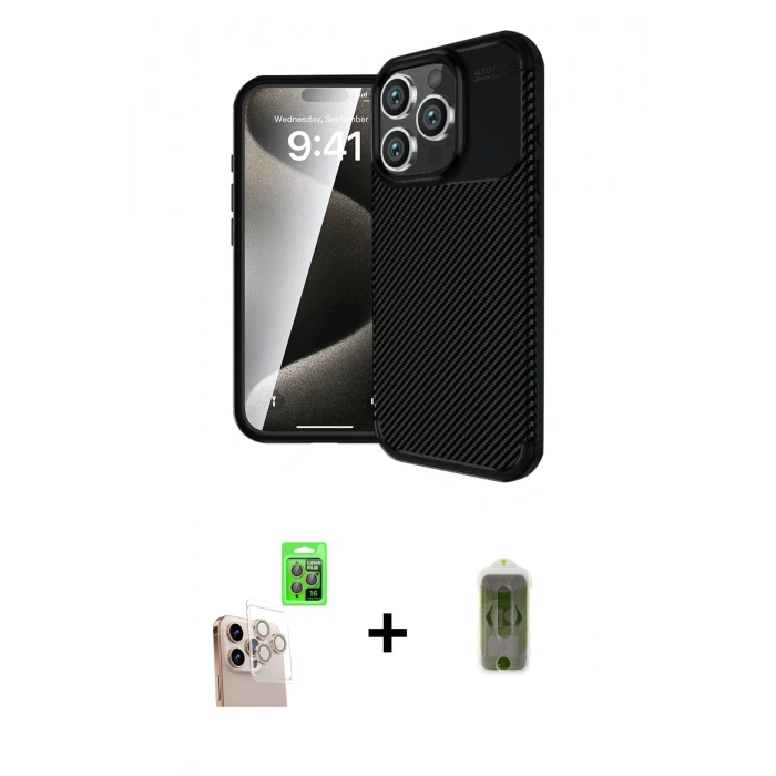 MARSİLYAN™- iPhone 16 Pro Max Kılıf Eksen Form Prime - Siyah Joko Magic 5D Hayalet Cam + Raze Metal Kamera Lens - NLGY