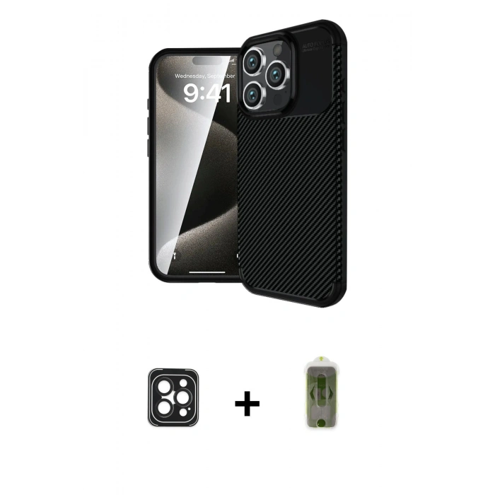 MARSİLYAN™- iPhone 16 Pro Max Kılıf Eksen Form Prime - Siyah Joko Magic 5D Hayalet Cam + PVD Metal Kamera Lens - SH