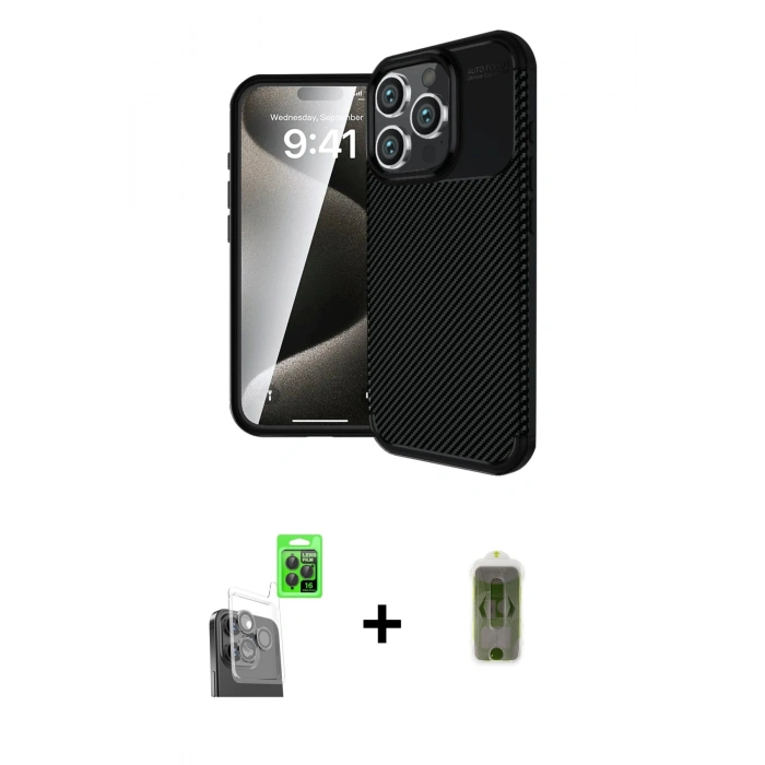 MARSİLYAN™- iPhone 16 Pro Max Kılıf Eksen Form Prime - Siyah Joko Magic 5D Hayalet Cam + Siyah Raze Metal Kamera Lens