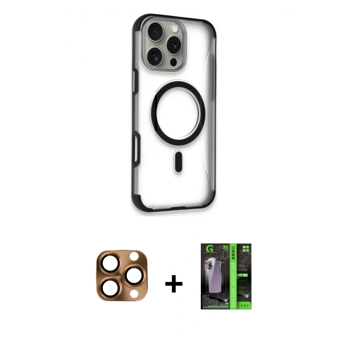 MARSİLYAN™- iPhone 16 Pro Max Kılıf Eksen Klasik Koleksiyonu - Şeffaf 360 Full Body Arka Koruyucu + Pers Alüminyum Kamera Lens - CLTM