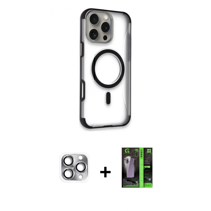 MARSİLYAN™- iPhone 16 Pro Max Kılıf Eksen Klasik Koleksiyonu - Şeffaf 360 Full Body Arka Koruyucu + Pers Alüminyum Kamera Lens - GI