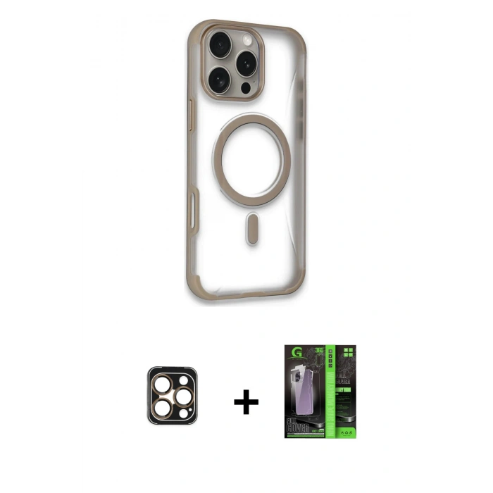 MARSİLYAN™- iPhone 16 Pro Max Kılıf Eksen Klasik Koleksiyonu - Şeffaf 360 Full Body Arka Koruyucu + PVD Metal Kamera Lens - GD