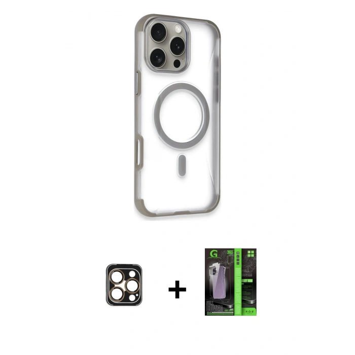 MARSİLYAN™- iPhone 16 Pro Max Kılıf Eksen Klasik Koleksiyonu - Şeffaf 360 Full Body Arka Koruyucu + PVD Metal Kamera Lens - GD