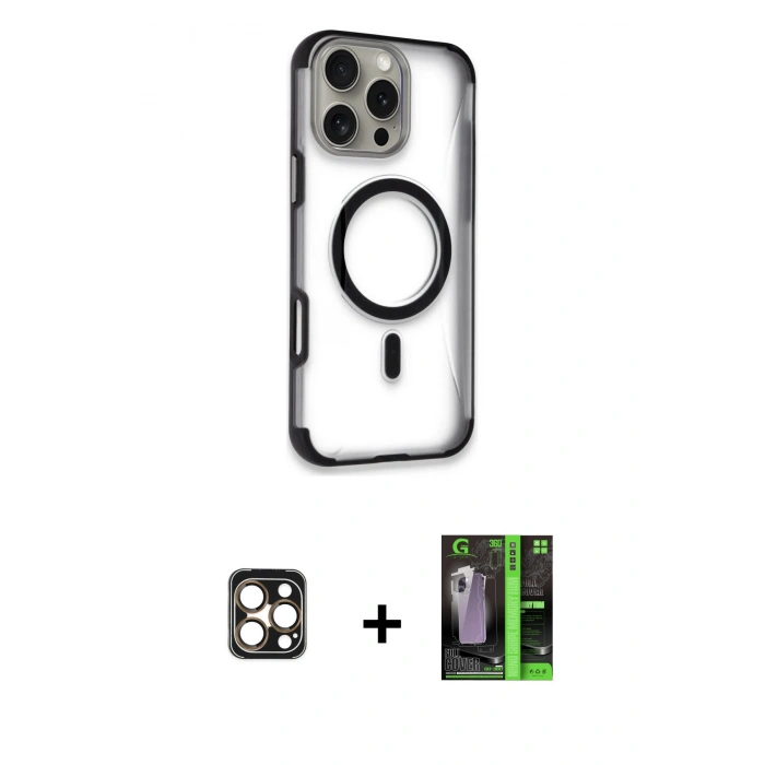 MARSİLYAN™- iPhone 16 Pro Max Kılıf Eksen Klasik Koleksiyonu - Şeffaf 360 Full Body Arka Koruyucu + PVD Metal Kamera Lens - GD