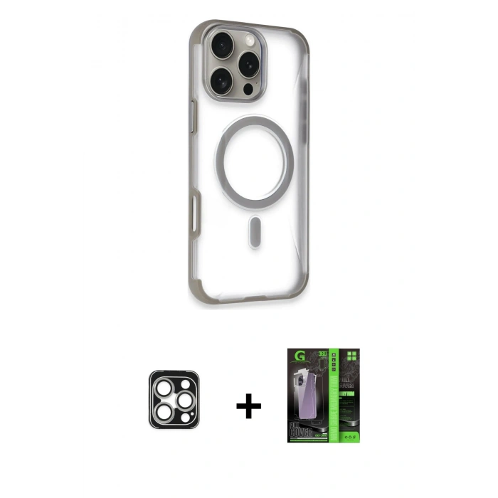 MARSİLYAN™- iPhone 16 Pro Max Kılıf Eksen Klasik Koleksiyonu - Şeffaf 360 Full Body Arka Koruyucu + PVD Metal Kamera Lens - GS