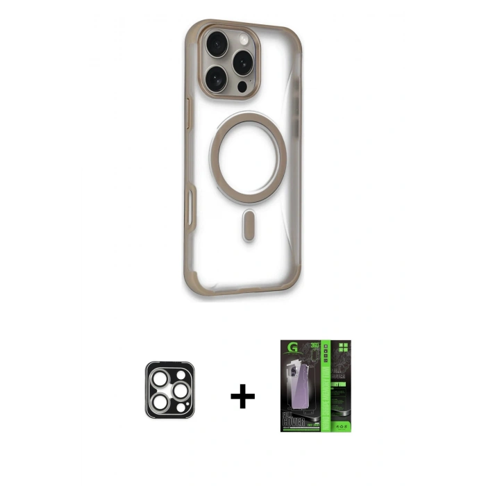 MARSİLYAN™- iPhone 16 Pro Max Kılıf Eksen Klasik Koleksiyonu - Şeffaf 360 Full Body Arka Koruyucu + PVD Metal Kamera Lens - GS